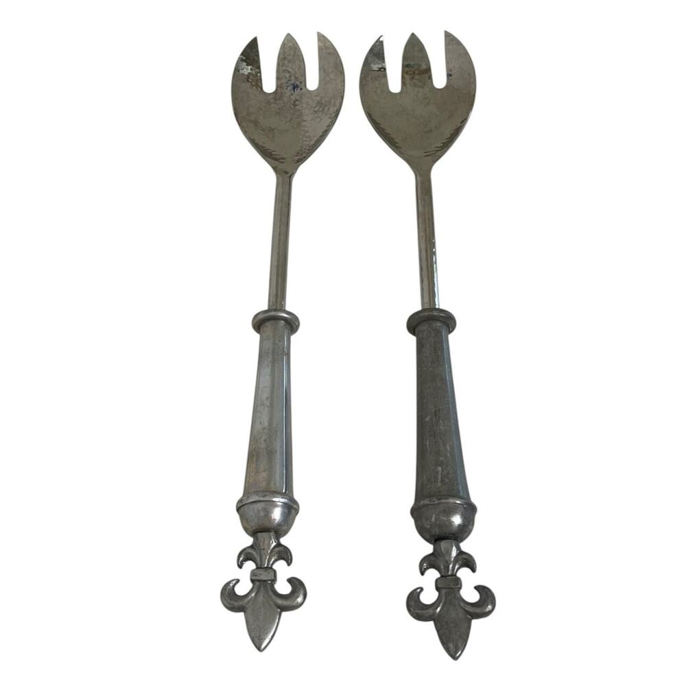 Ihi Brand Vtg Aluminum Salad Server Set Long Handled Fleur de Lis Silver Tone